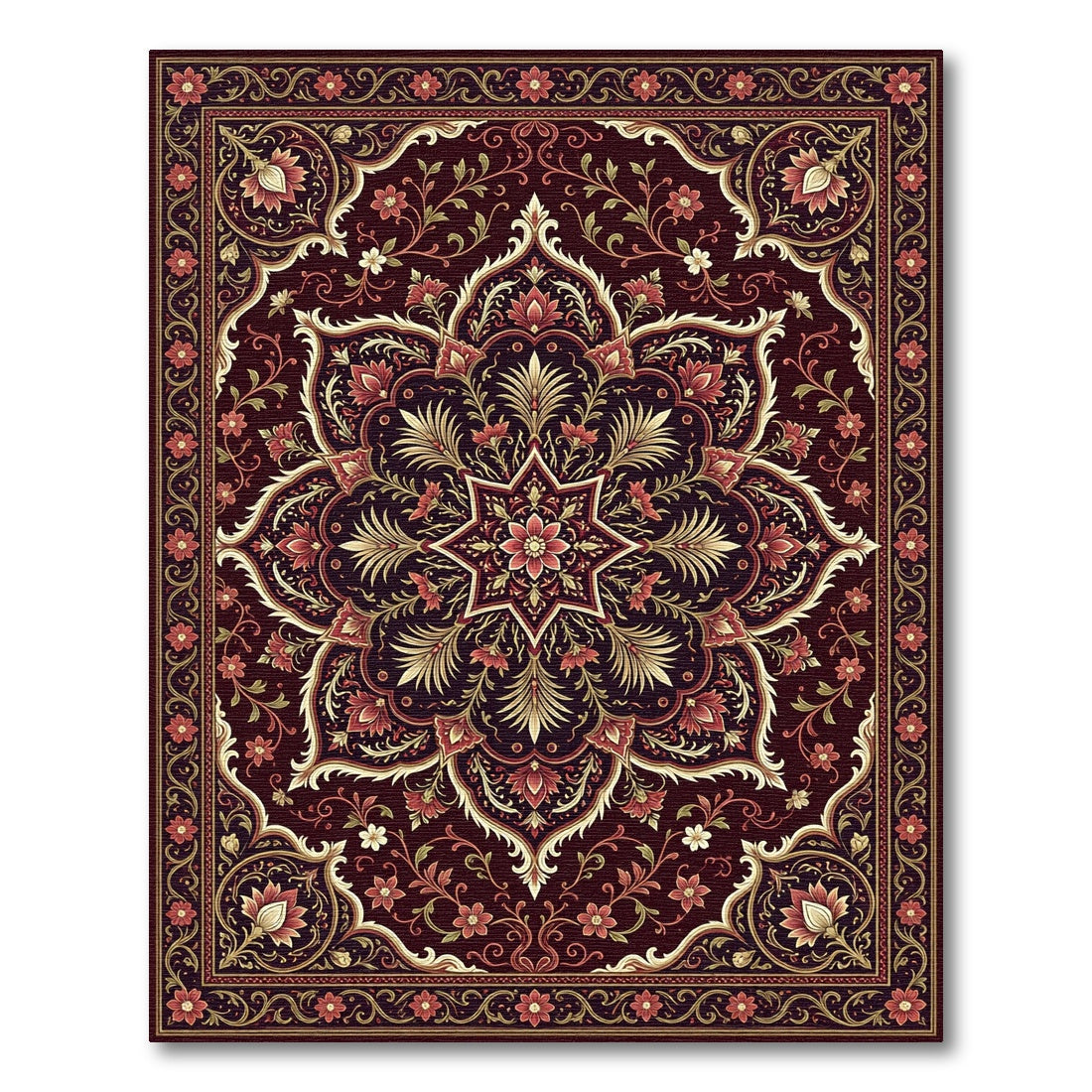 Deep Burgundy Floral Medallion Rug