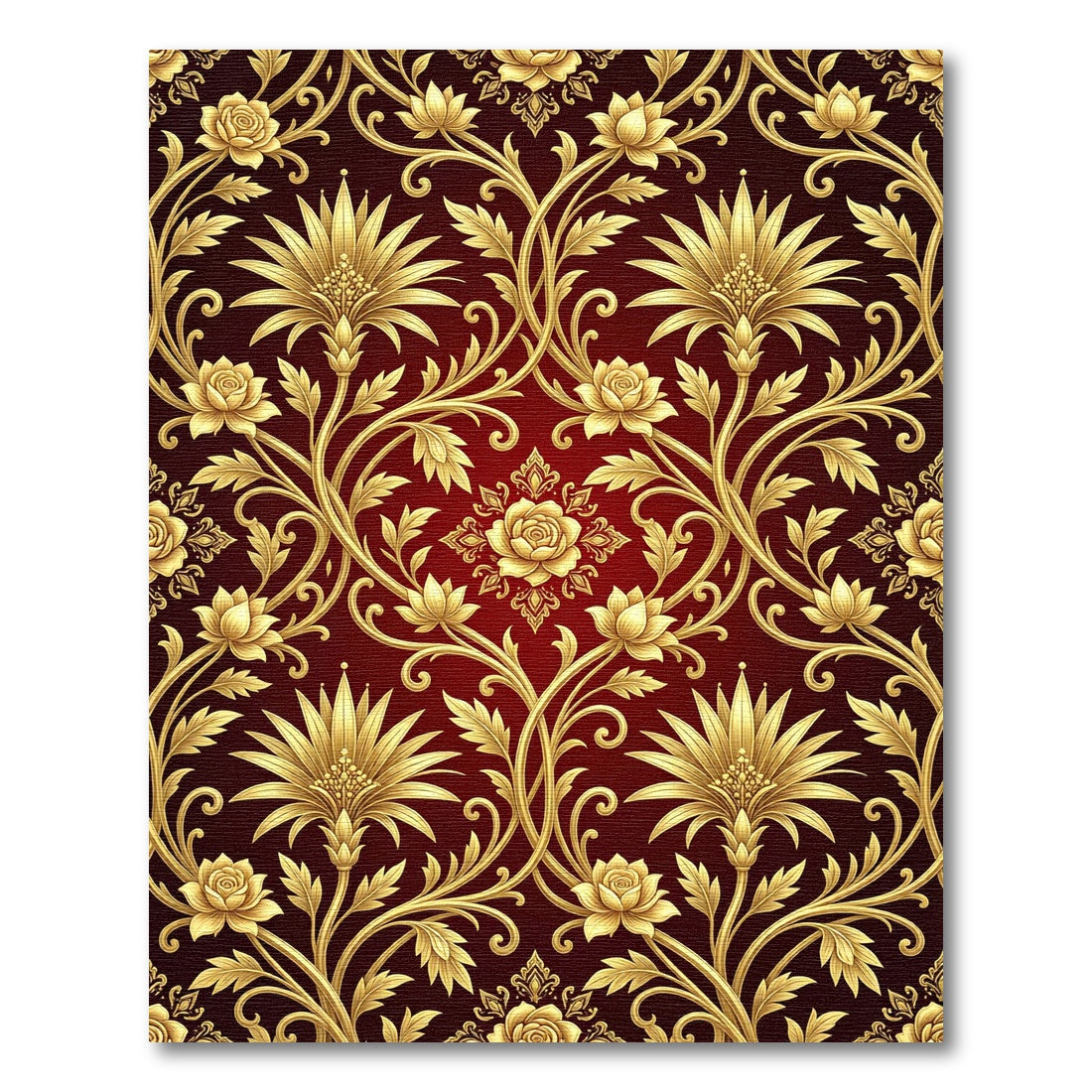 Golden Floral Vine Red Background Rug