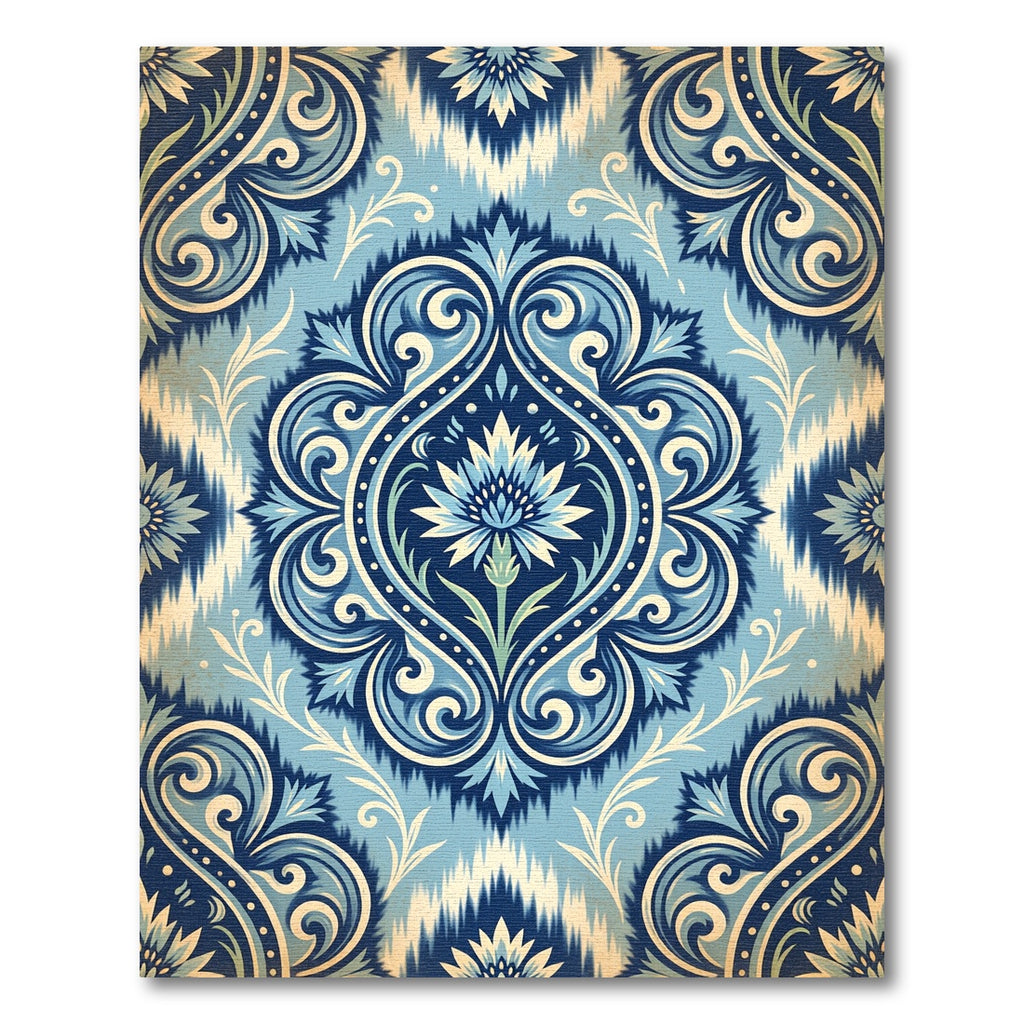 Blue Damask Floral Scroll Medallion Rug
