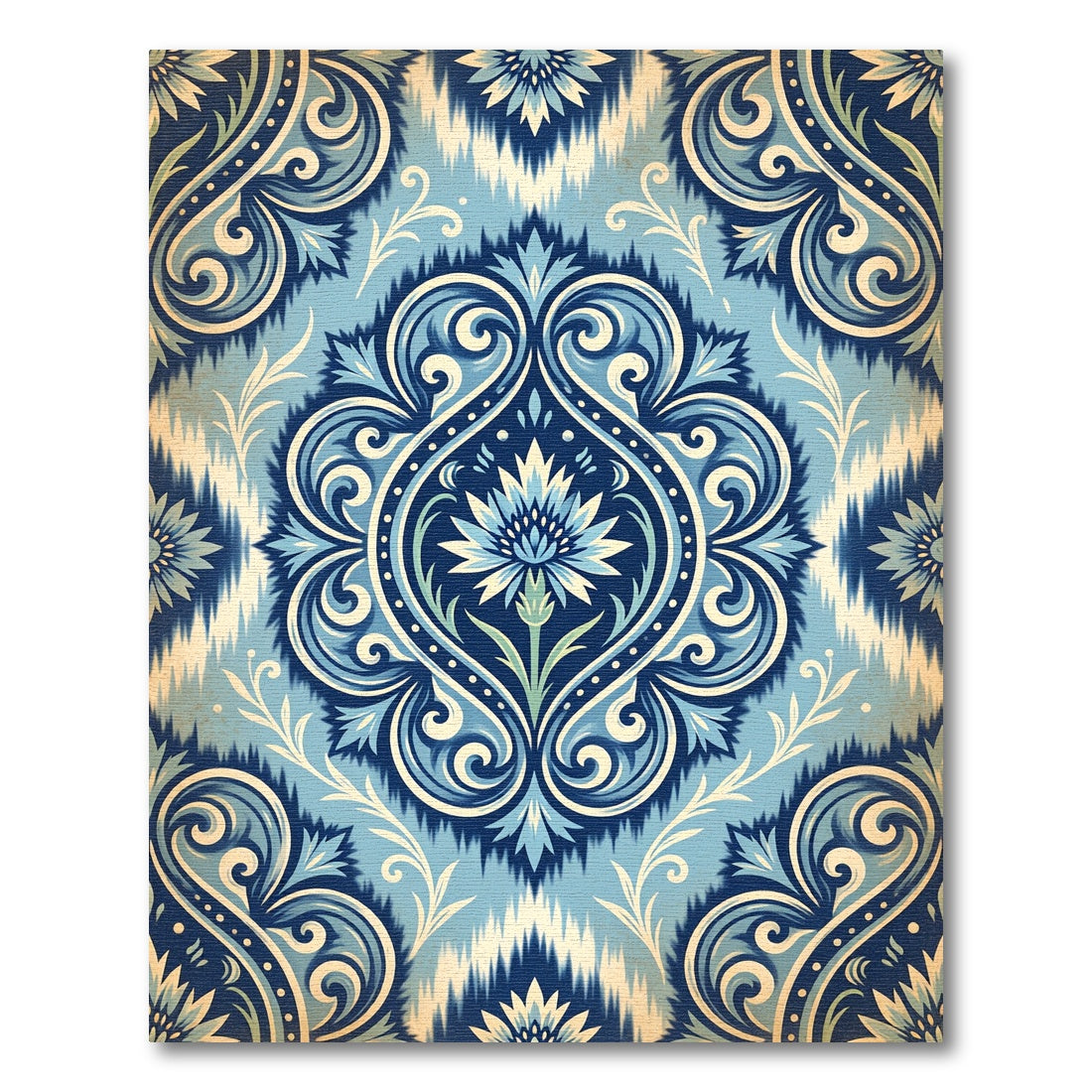 Blue Damask Floral Scroll Medallion Rug