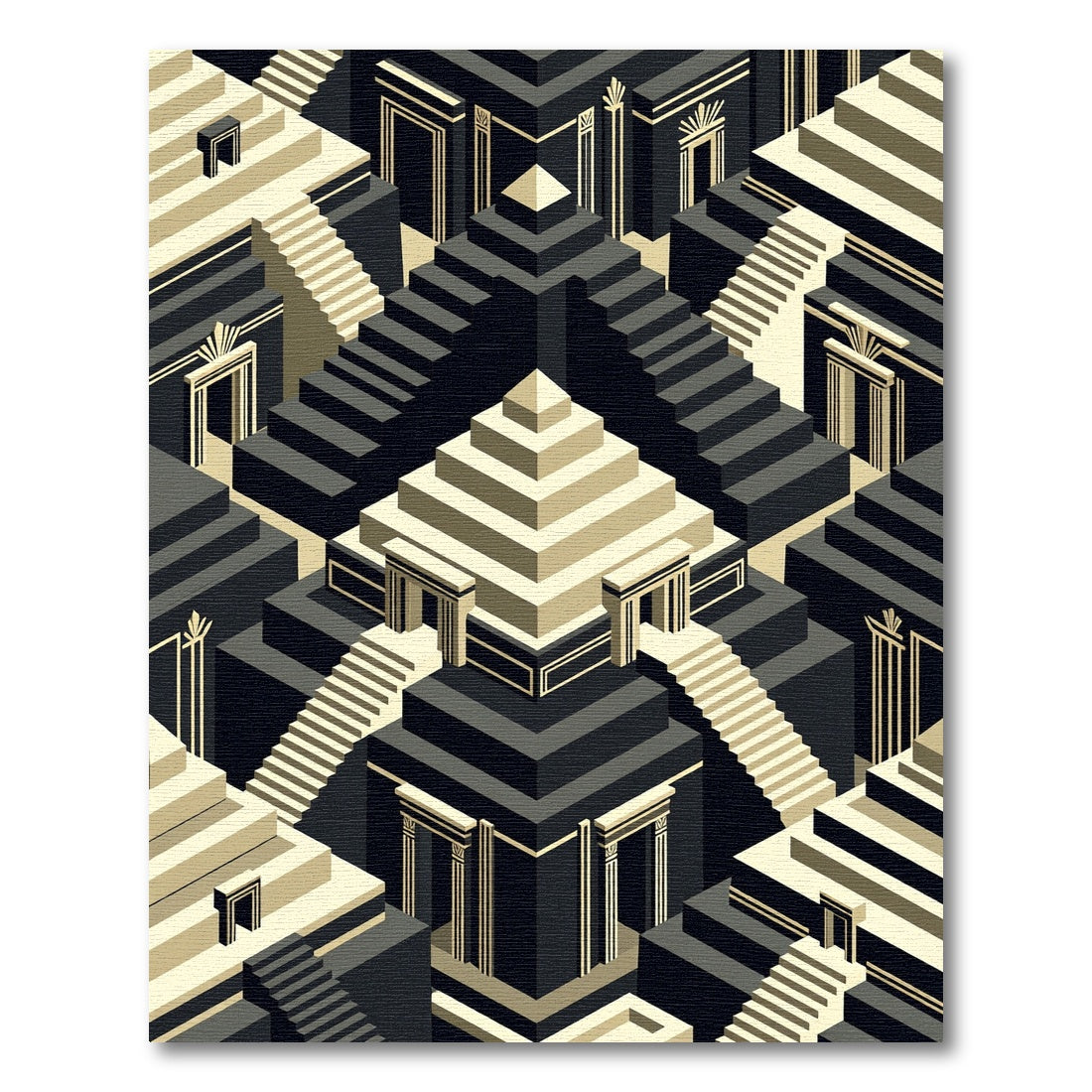 Black Gold Geometric Staircase Illusion Rug