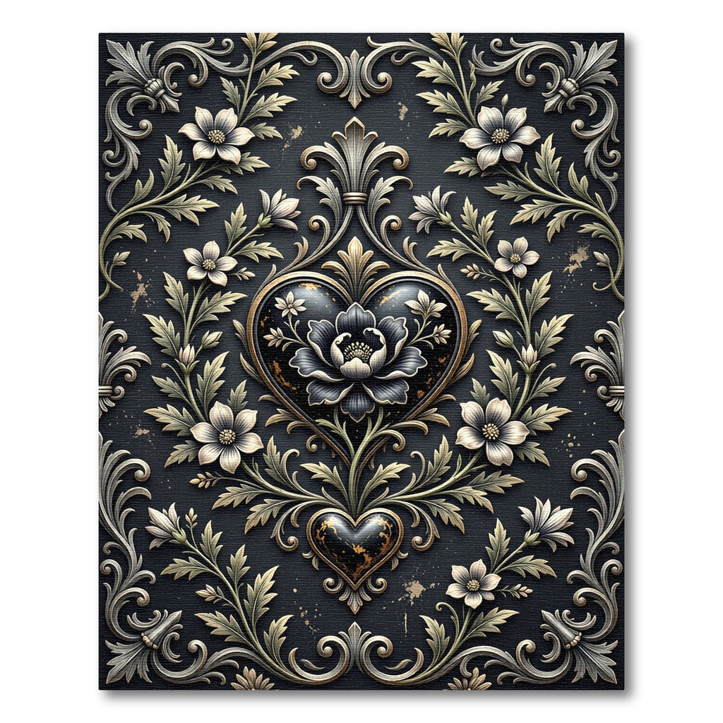 Gothic Black Heart Floral Damask Rug