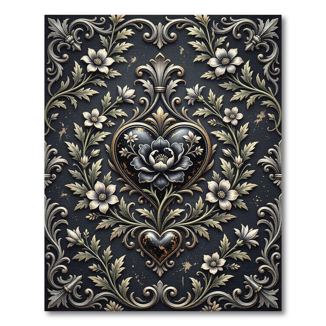 Gothic Black Heart Floral Damask Rug