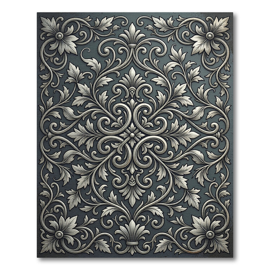 Elegant Silver Ornate Floral Damask Rug