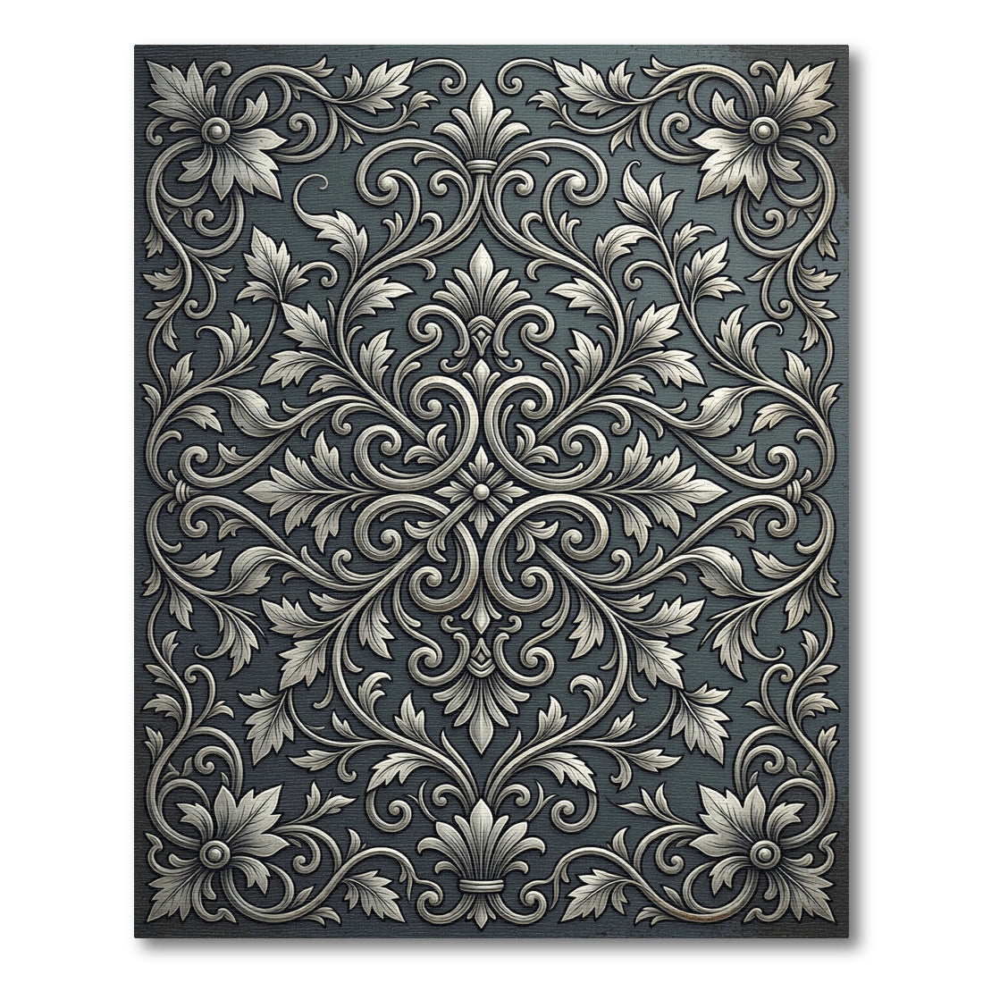 Elegant Silver Ornate Floral Damask Rug