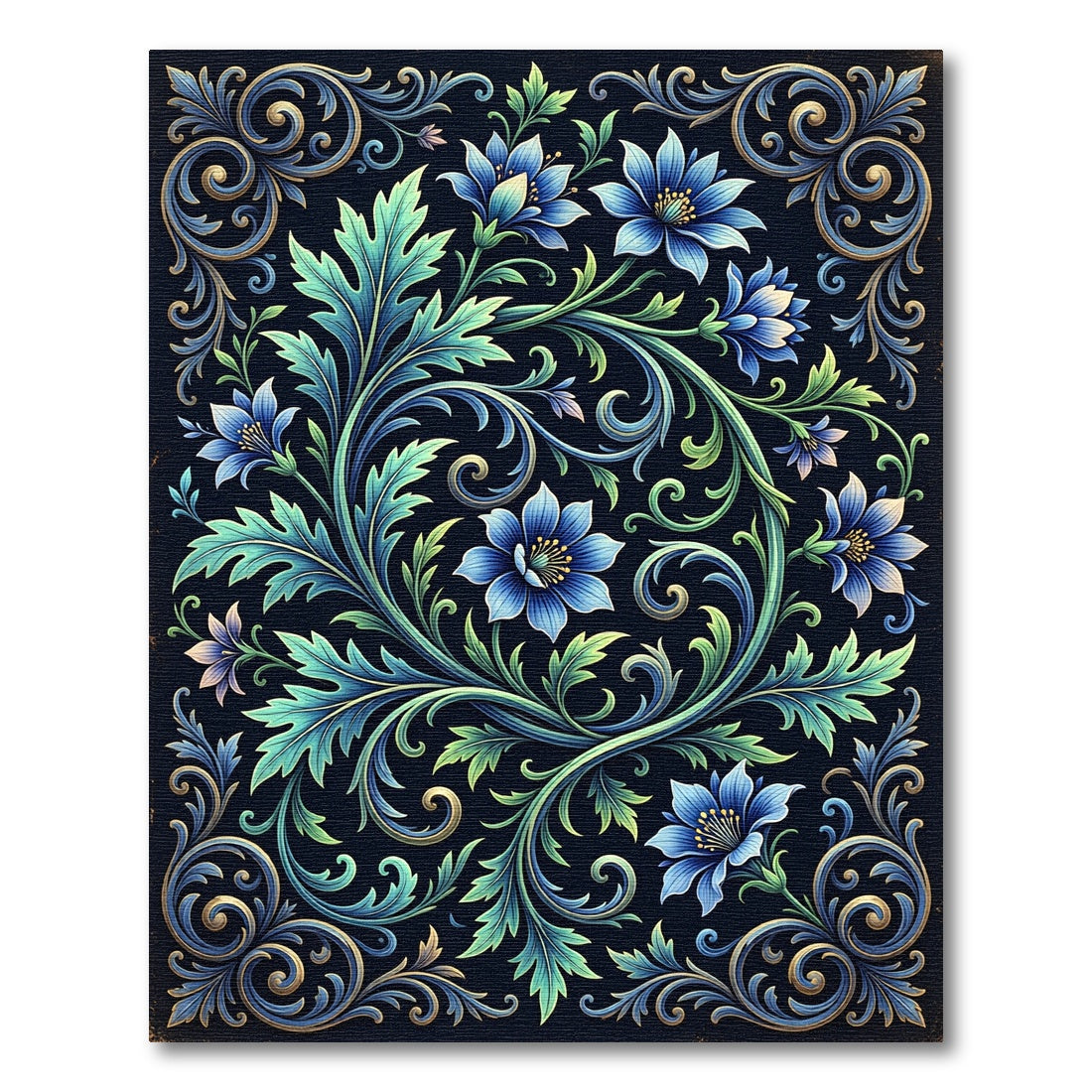 Ornate Blue Floral Vine Swirl Rug