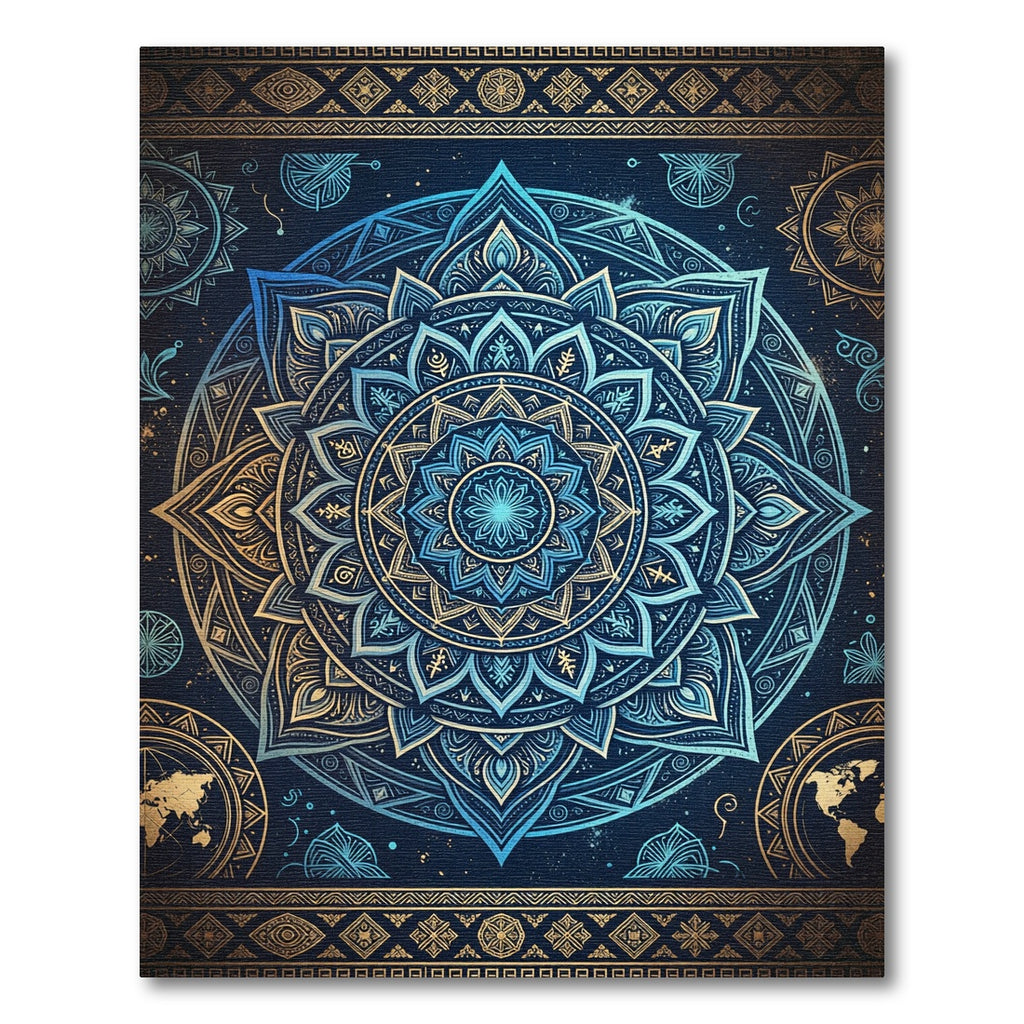 Celestial Blue Golden Mandala Medallion Rug