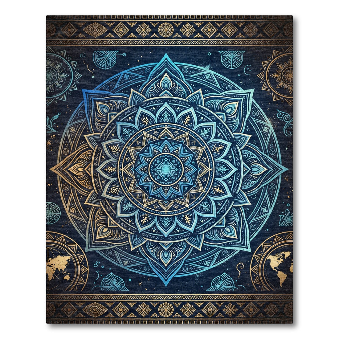 Celestial Blue Golden Mandala Medallion Rug