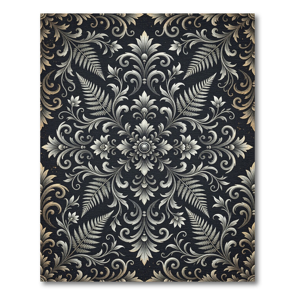 Monochromatic Baroque Floral Fern Scroll Rug