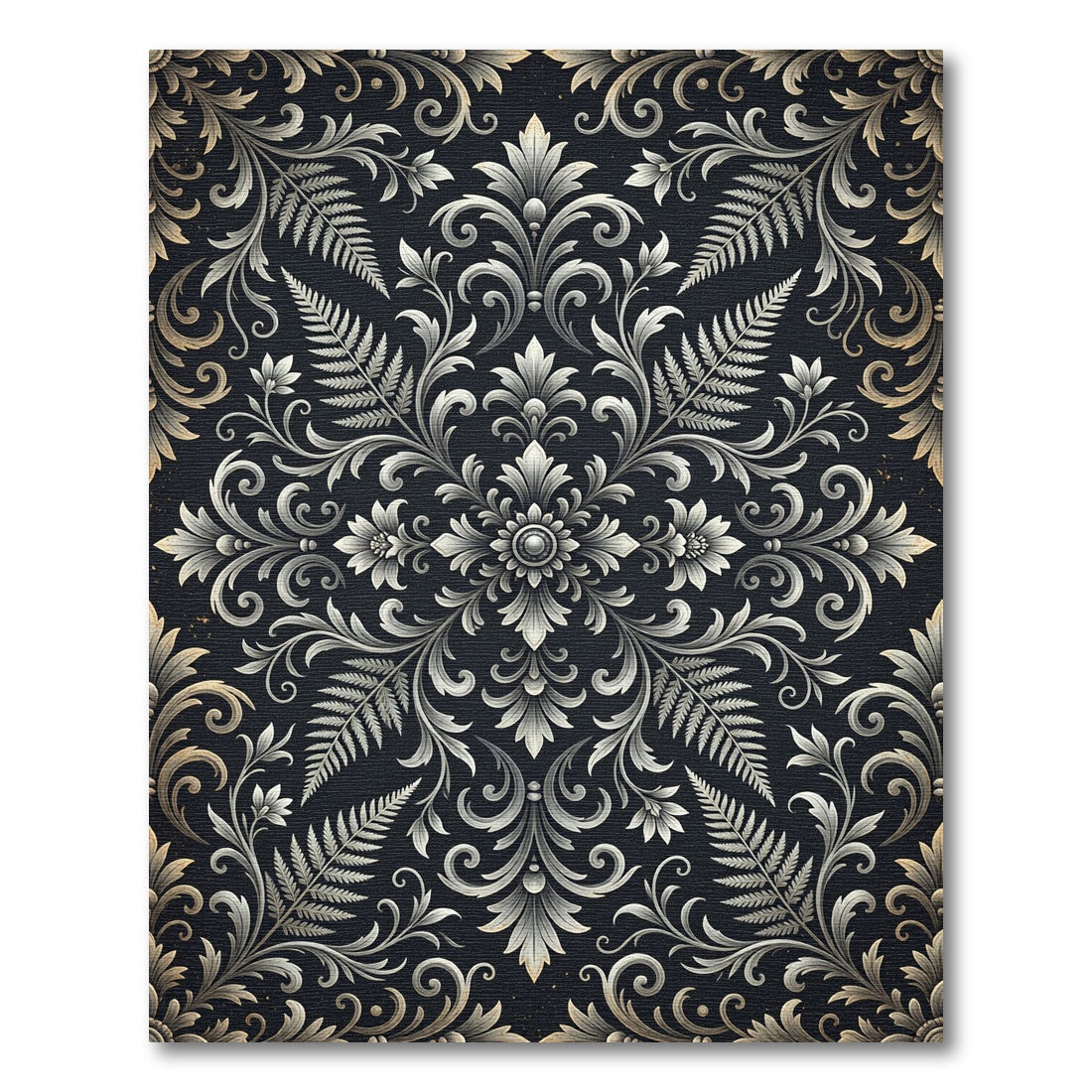 Monochromatic Baroque Floral Fern Scroll Rug