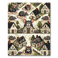 Whimsical Charcoal Mouse Village Illustration Rug