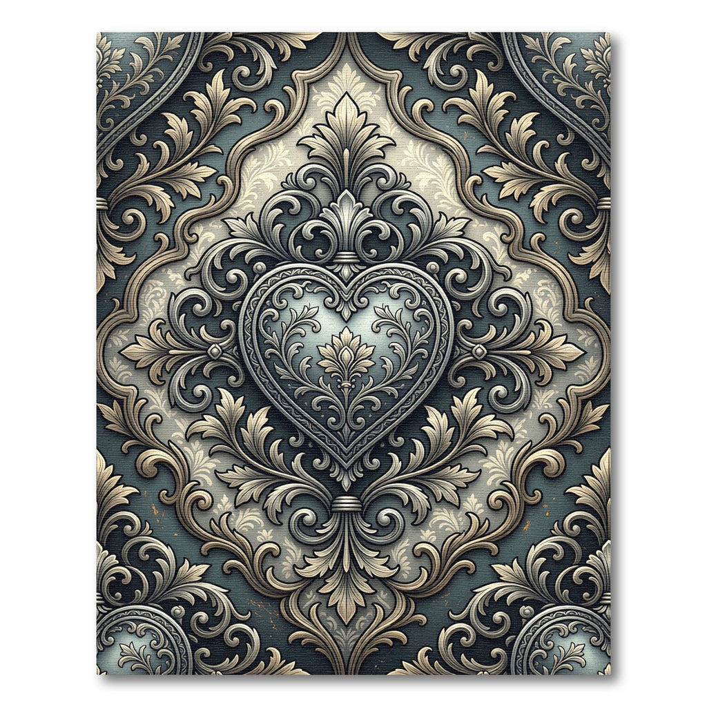 Ornate Silver Heart Damask Scrollwork Rug