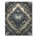 Ornate Silver Heart Damask Scrollwork Rug