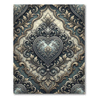 Ornate Silver Heart Damask Scrollwork Rug