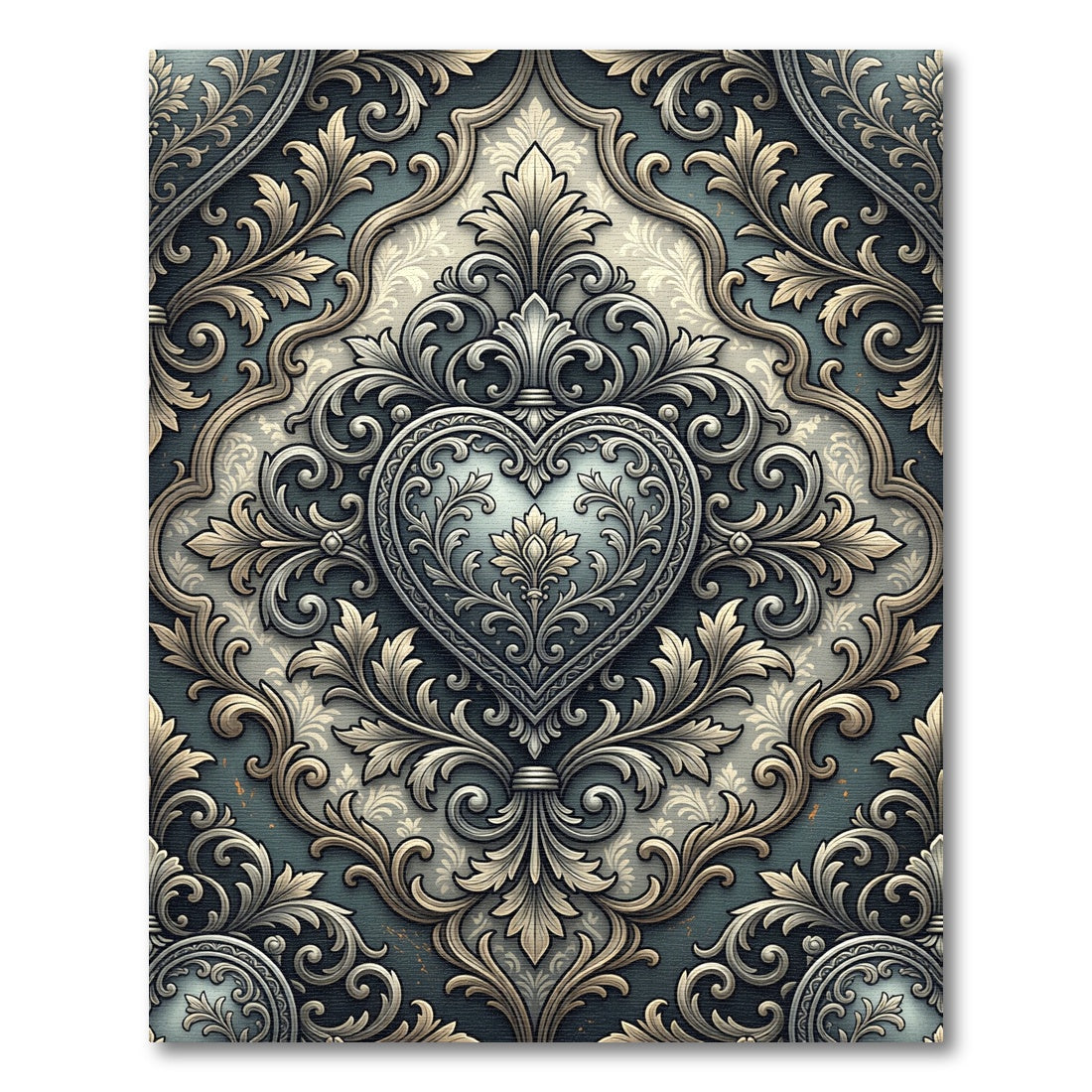 Ornate Silver Heart Damask Scrollwork Rug