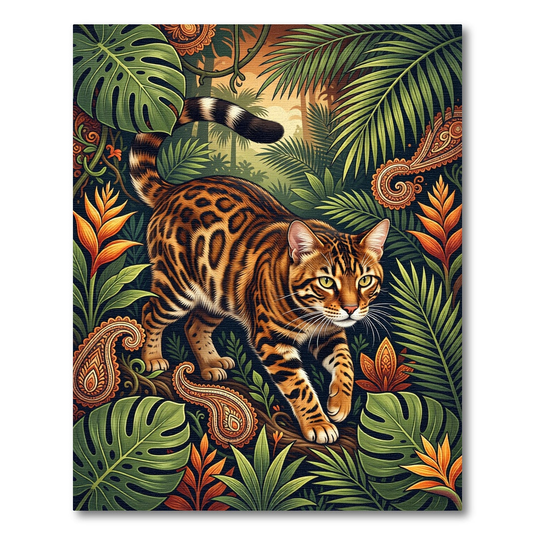 Exotic Bengal Cat Tropical Foliage Art Rug