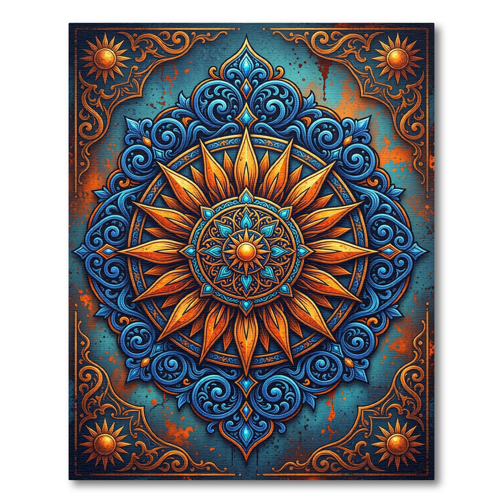 Ornate Golden Sun Blue Floral Mandala Rug