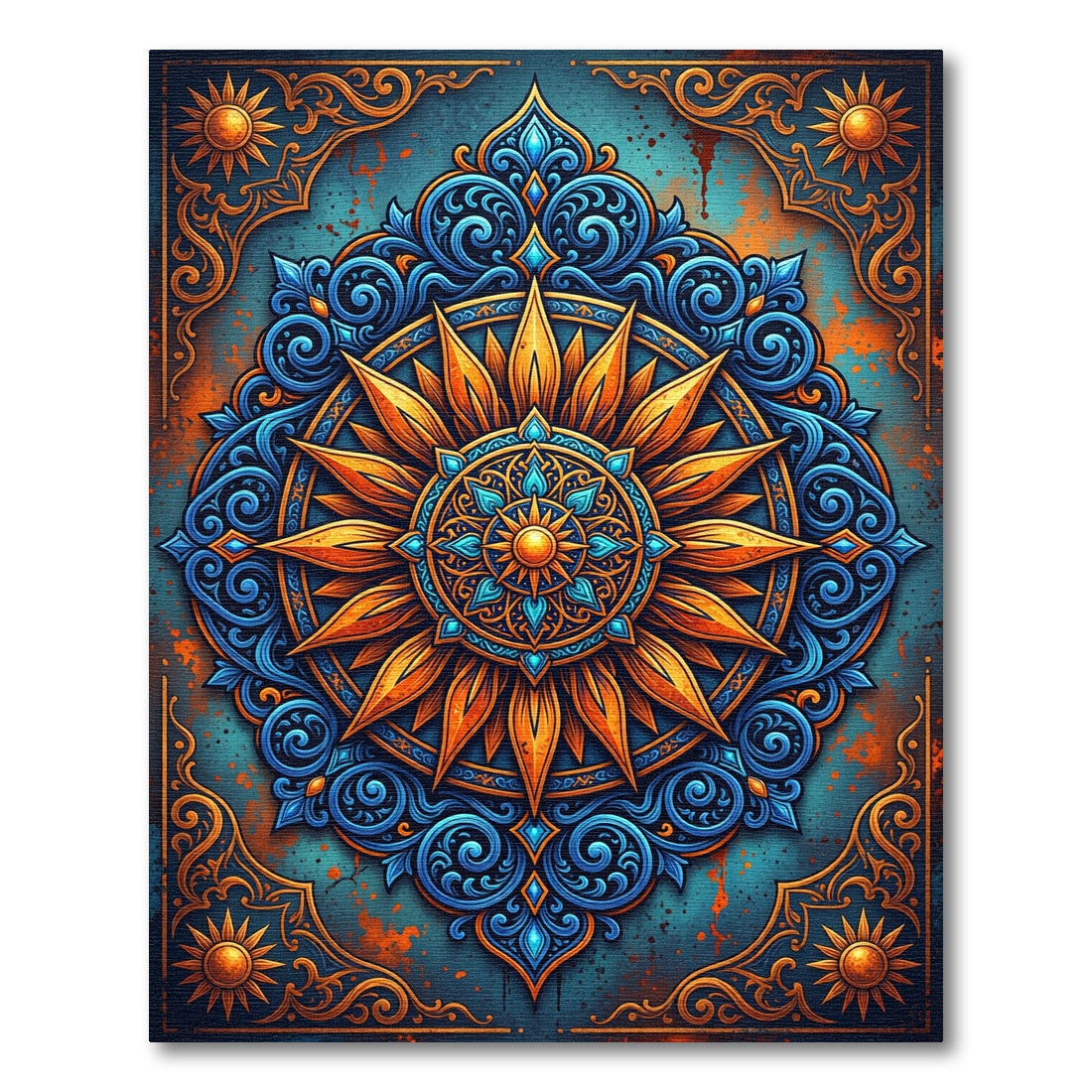 Ornate Golden Sun Blue Floral Mandala Rug