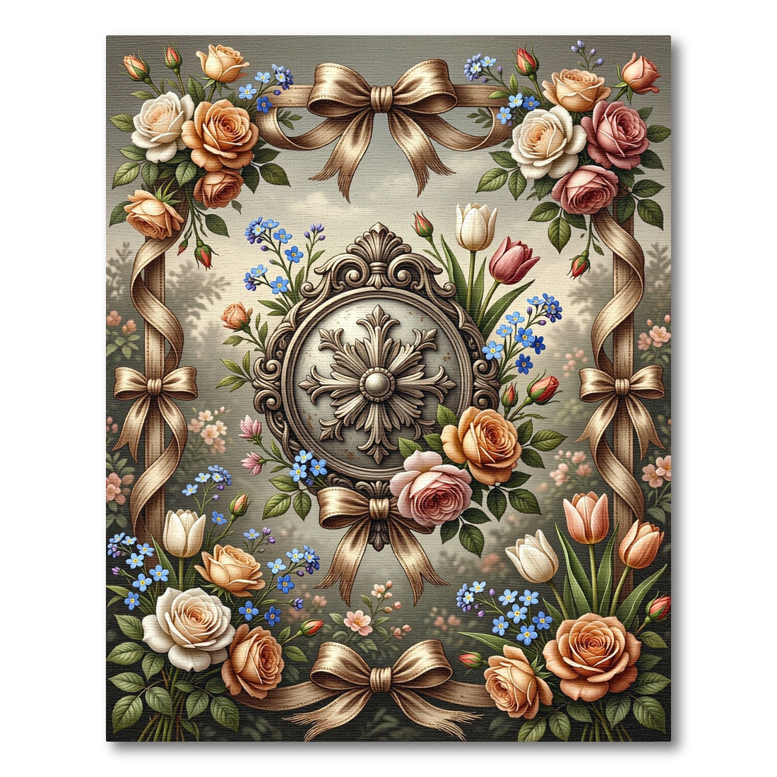 Elegant Floral Rose Ribbon Medallion Rug