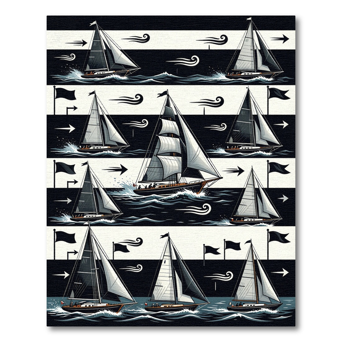 Graphic Monochromatic Nautical Sailboat Striped Rug