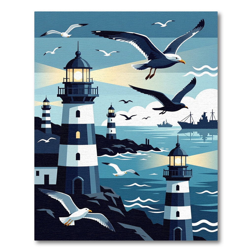 Coastal Lighthouse Birds Navy Nautical Landscape Rug