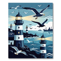 Coastal Lighthouse Birds Navy Nautical Landscape Rug