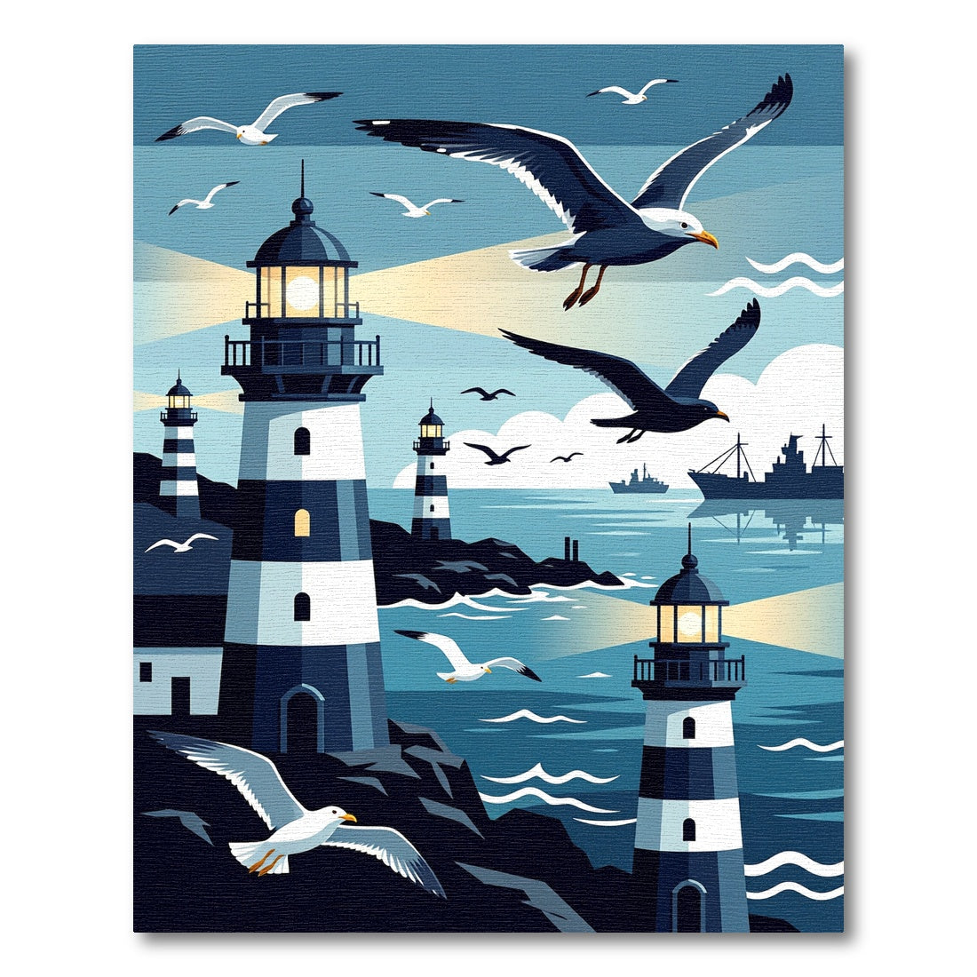 Coastal Lighthouse Birds Navy Nautical Landscape Rug