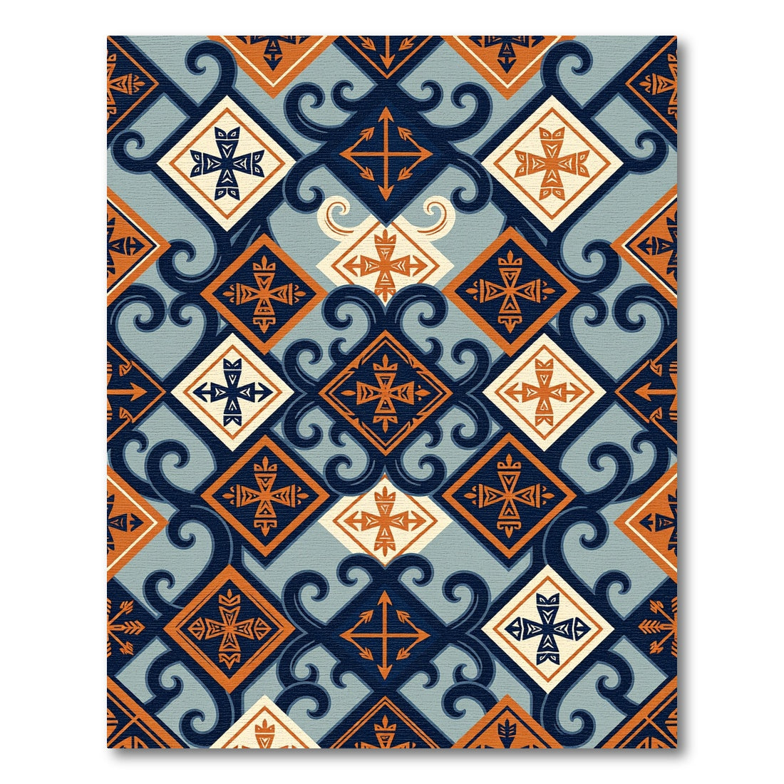 Geometric Teal and Orange Scroll Rug