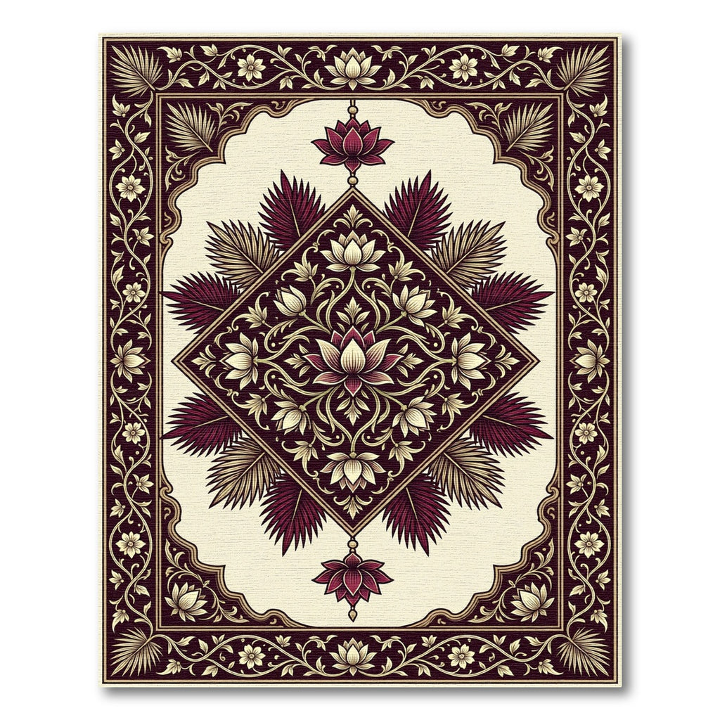 Ornate Burgundy Lotus Floral Medallion Rug
