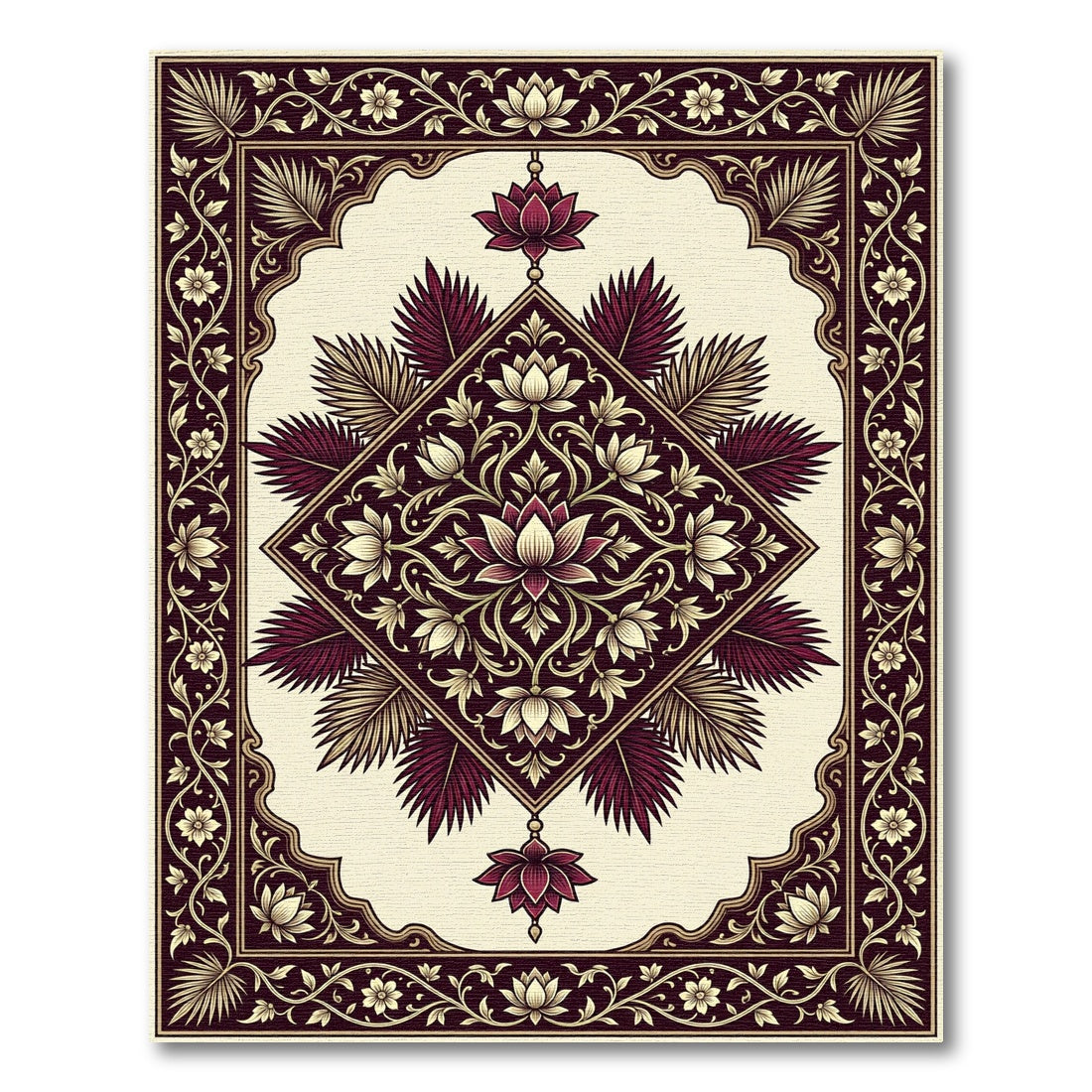 Ornate Burgundy Lotus Floral Medallion Rug