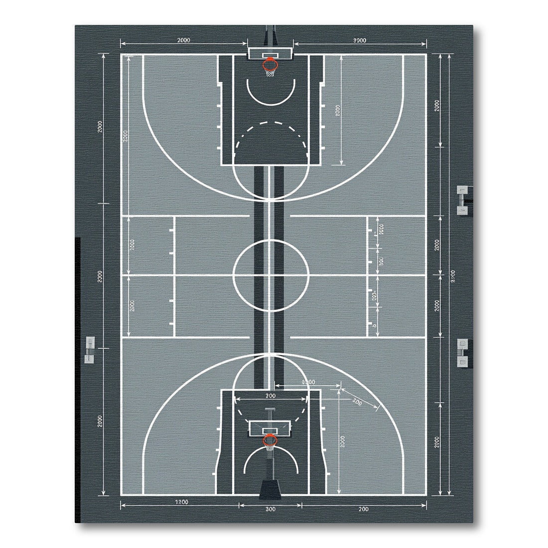 Minimalist Gray Monochrome Basketball Court Graphics Rug