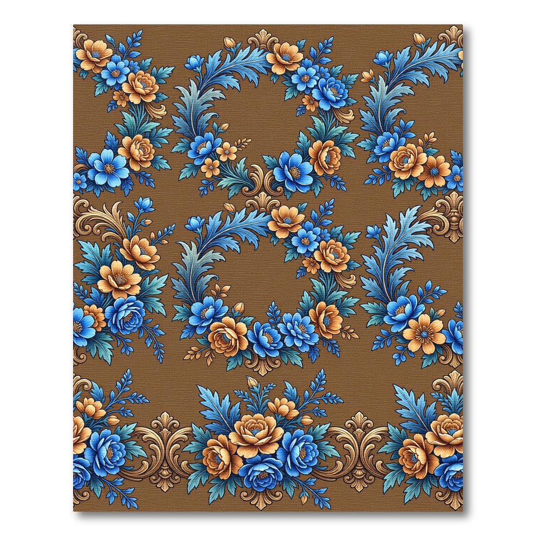 Blue and Golden Baroque Floral Wreath Rug