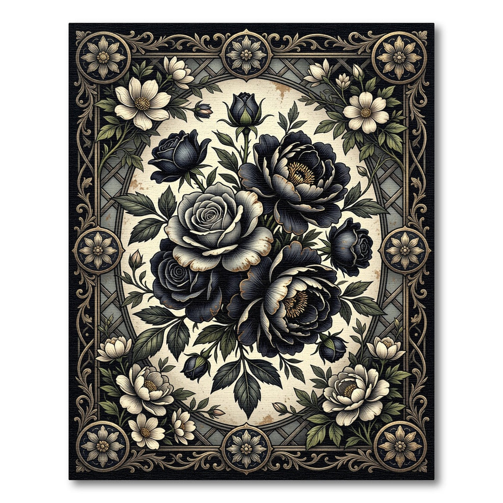 Gothic Black Rose Floral Oval Medallion Rug