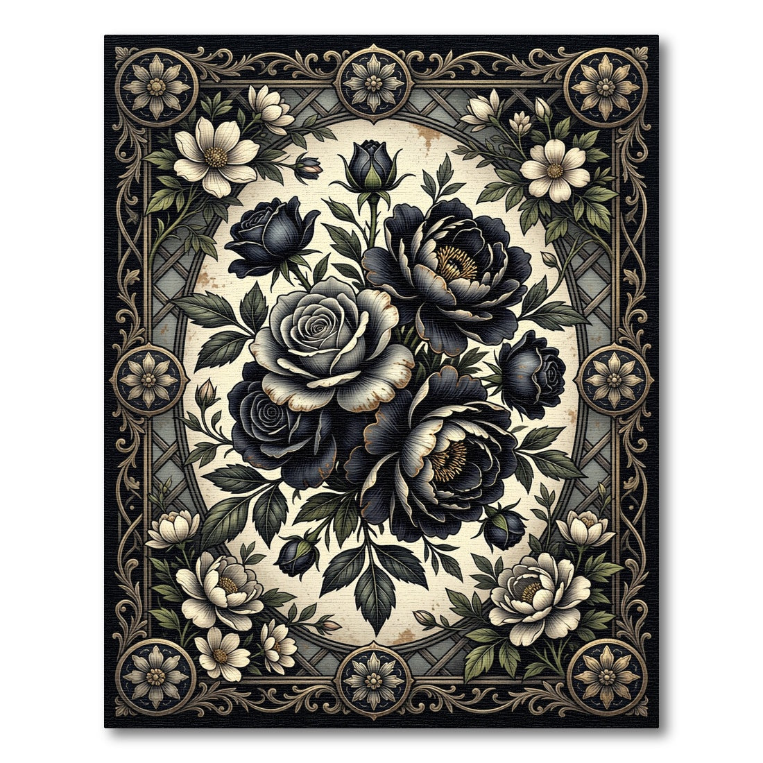 Gothic Black Rose Floral Oval Medallion Rug