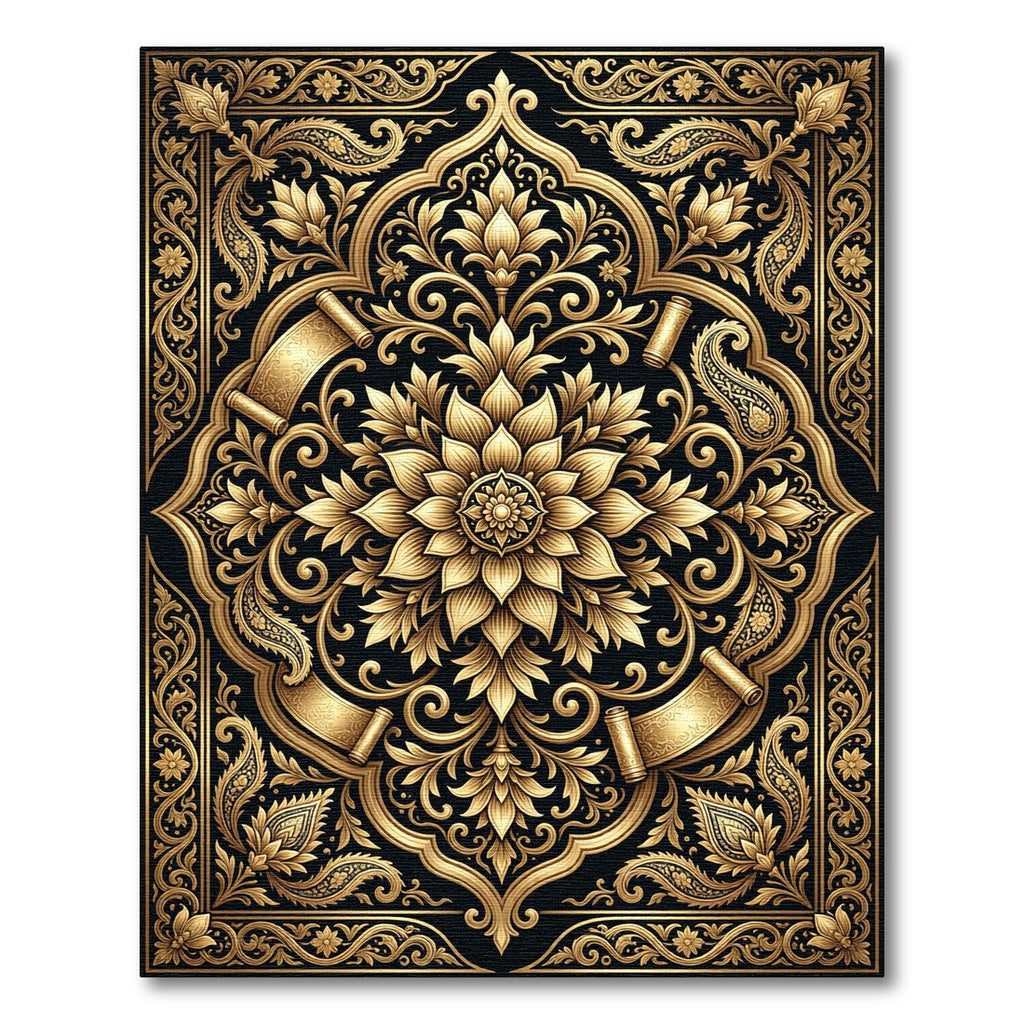 Ornate Gold Floral Scroll Medallion Rug