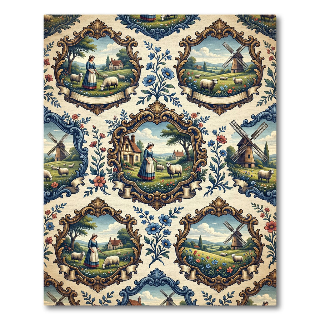 Pastoral Countryside Scene Floral Frame Rug