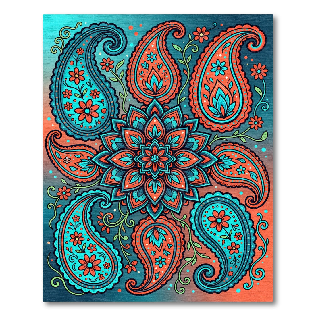 Vibrant Teal Orange Paisley Floral Medallion Rug