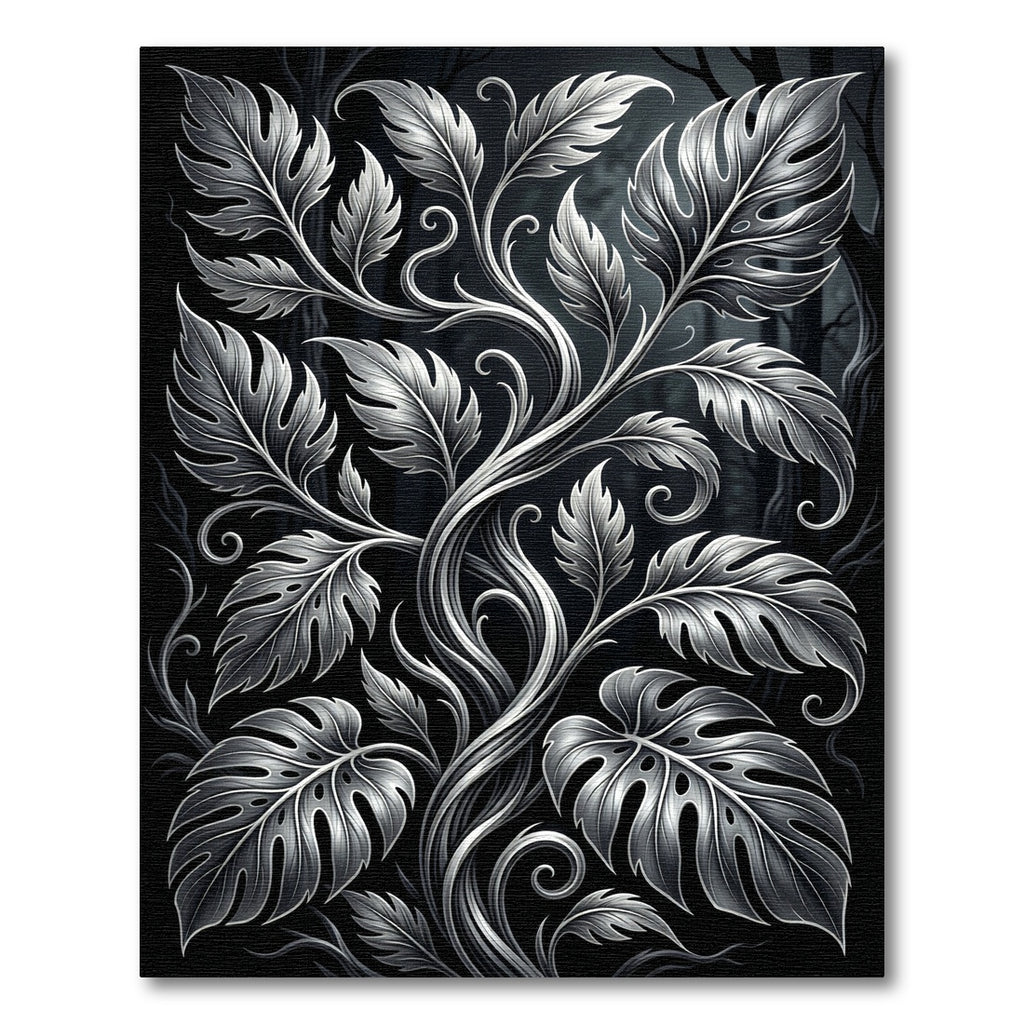 Monochrome Silver Botanical Foliage Swirl Rug