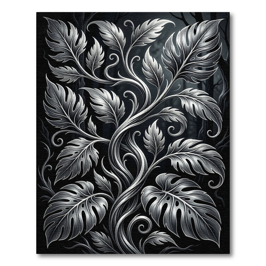 Monochrome Silver Botanical Foliage Swirl Rug
