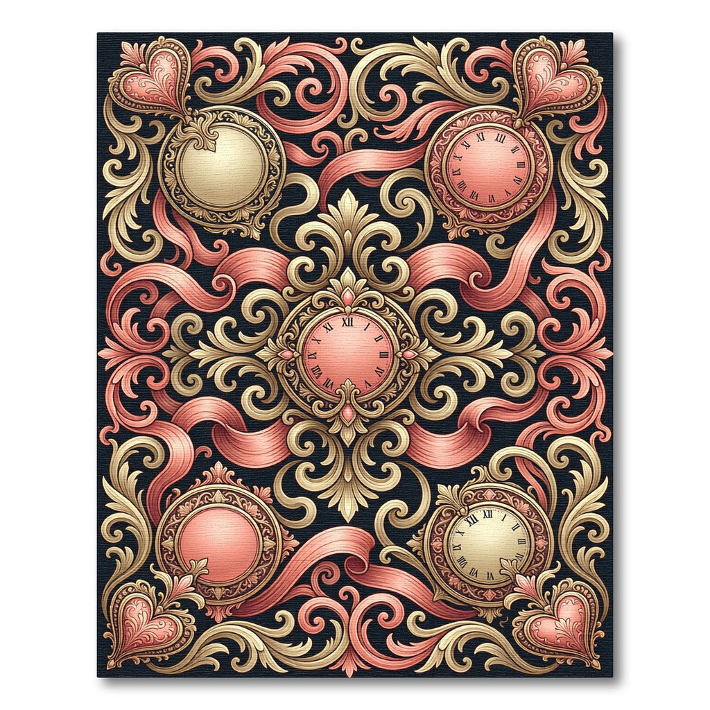 Ornate Golden Pink Timepiece Garland Rug