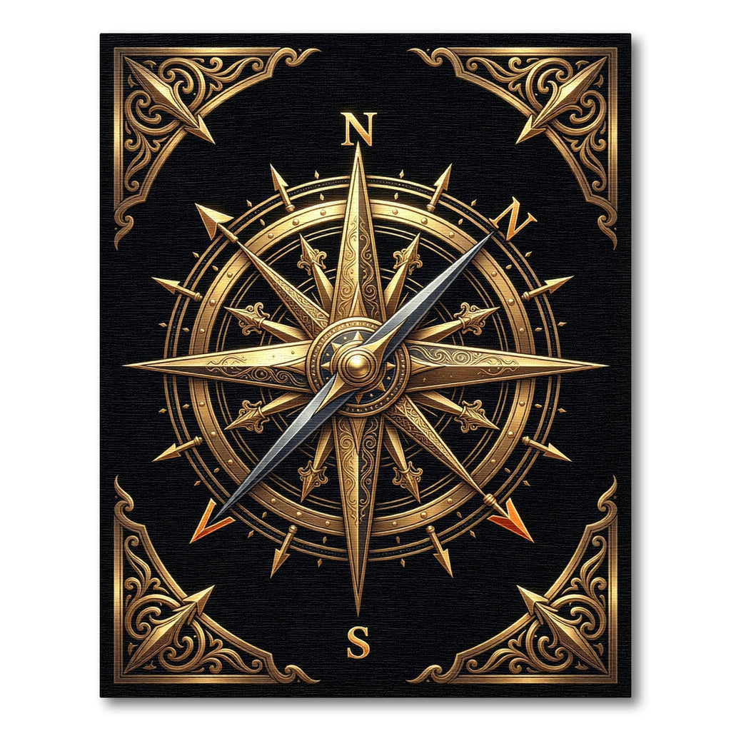Ornate Golden Compass Rose Black Rug