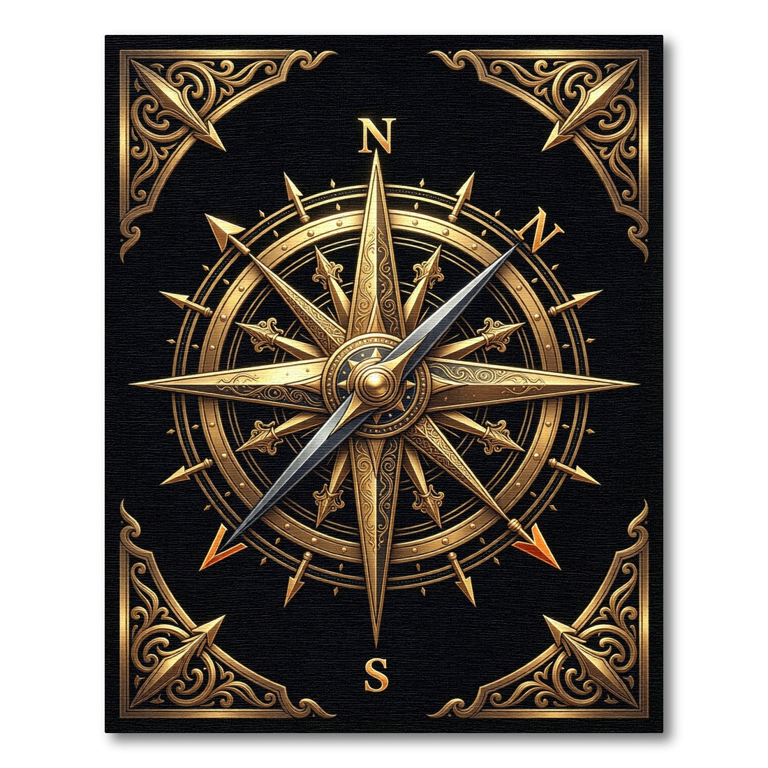 Ornate Golden Compass Rose Black Rug