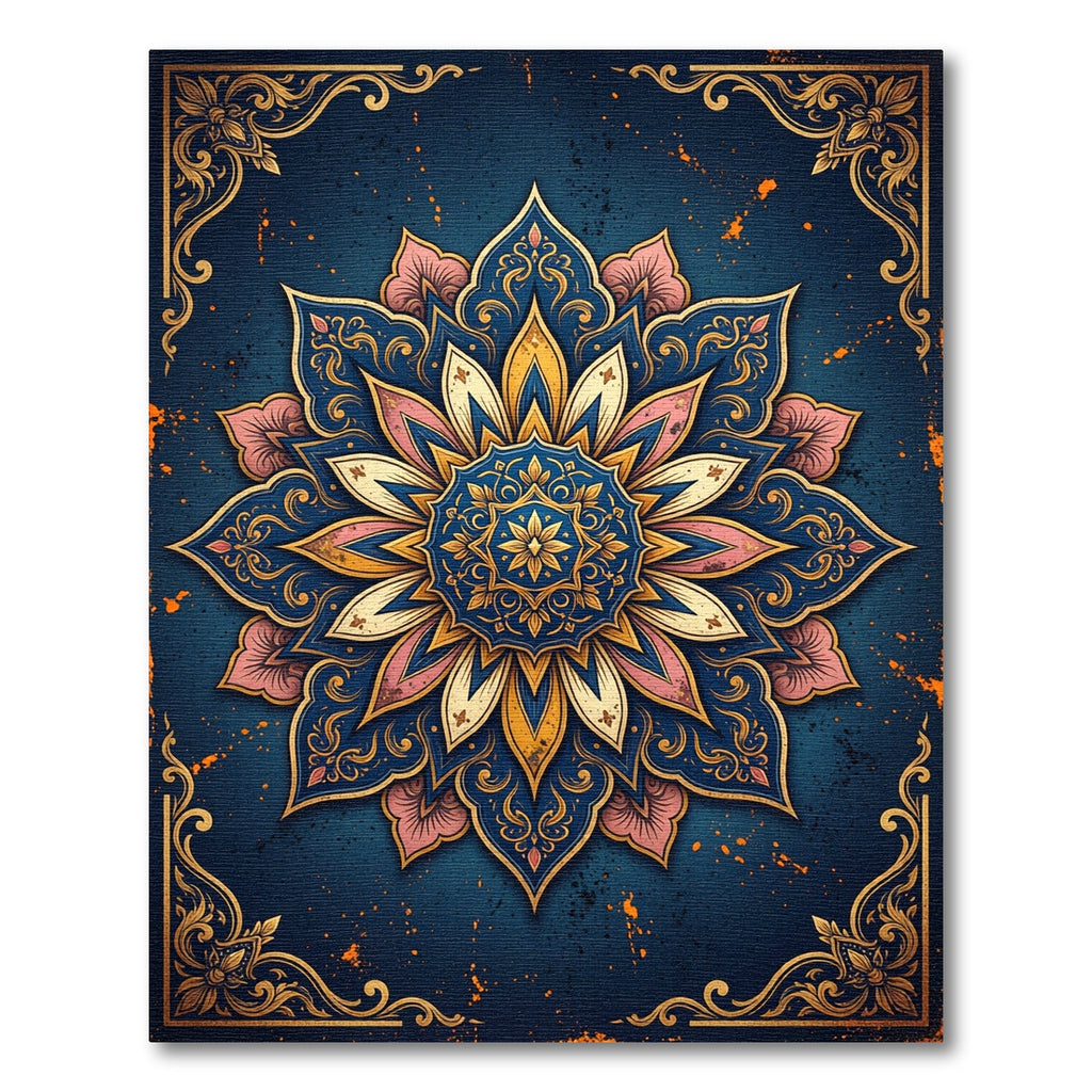 Elegant Navy Golden Lotus Mandala Rug