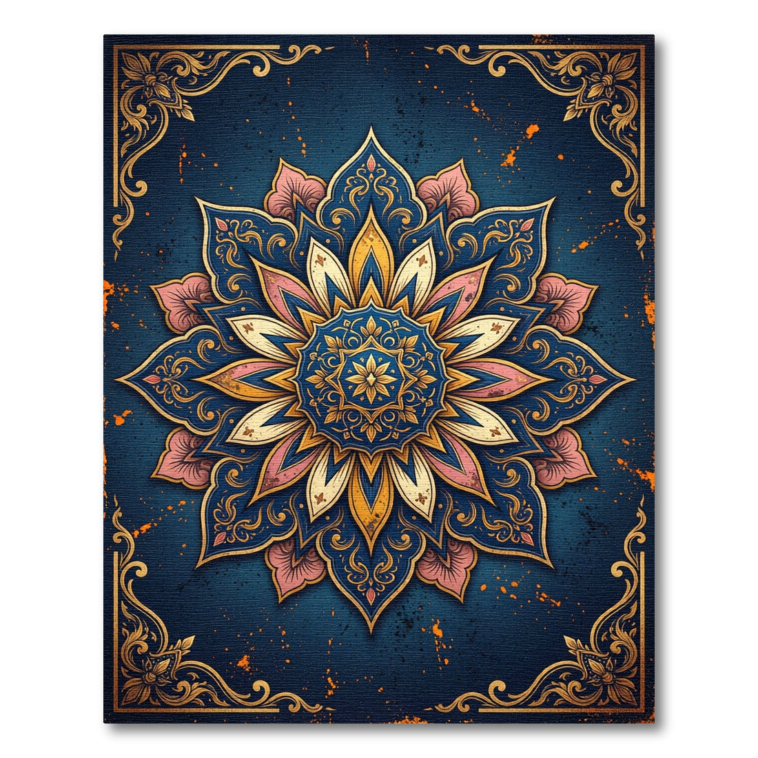 Elegant Navy Golden Lotus Mandala Rug