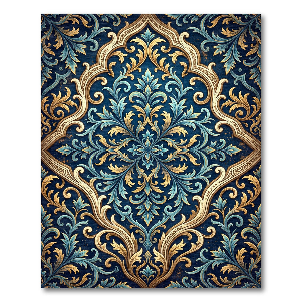 Ornate Blue Gold Damask Scroll Rug