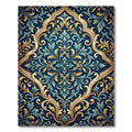 Ornate Blue Gold Damask Scroll Rug