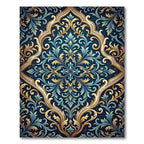 Ornate Blue Gold Damask Scroll Rug