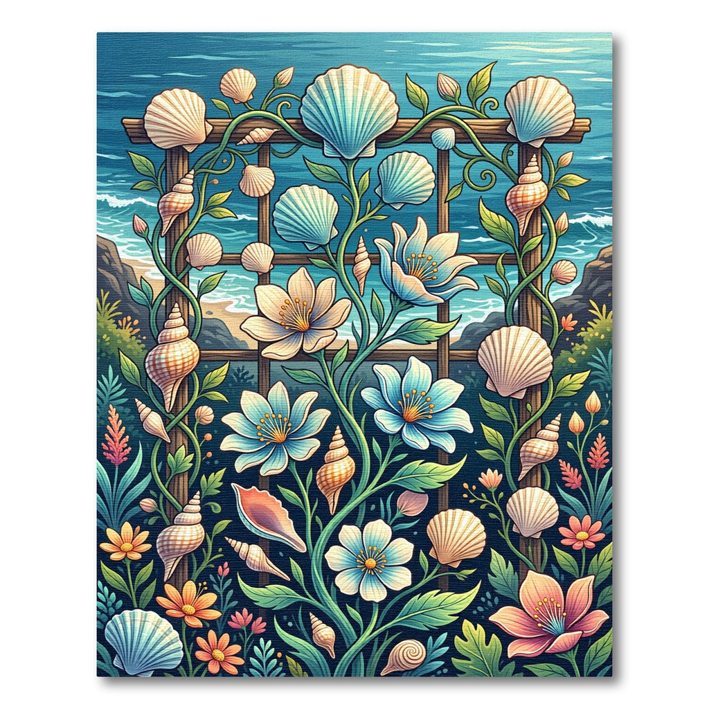 Coastal Seashell and Floral Garden Trellis Rug