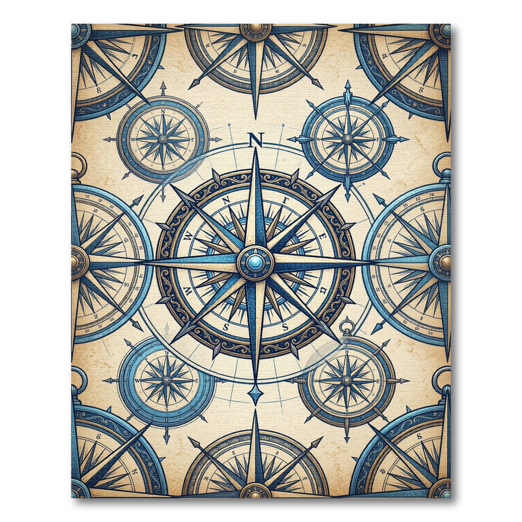 Vintage Nautical Blue Compass Star Medallion Rug