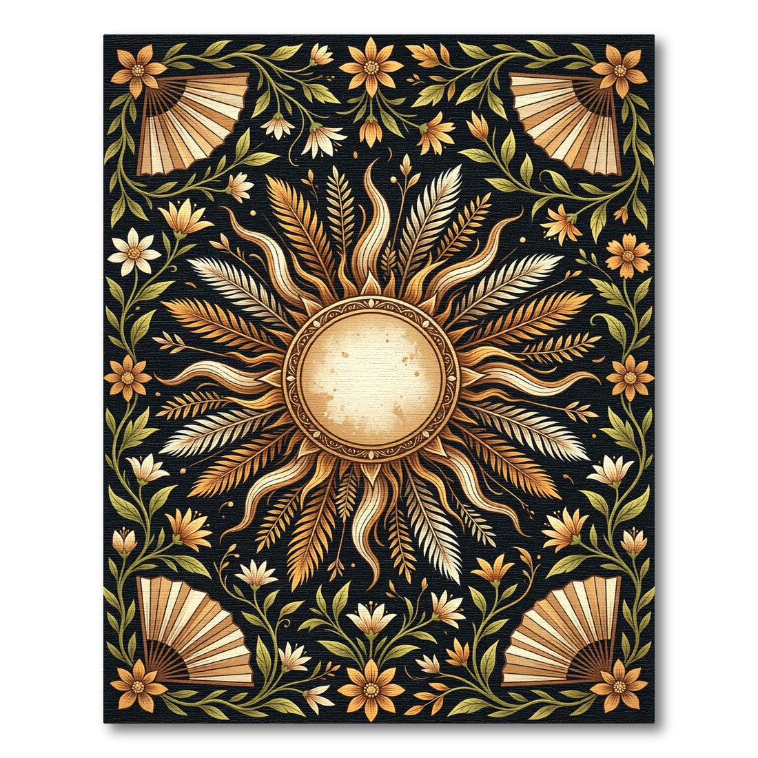 Golden Sunburst Floral Art Deco Rug